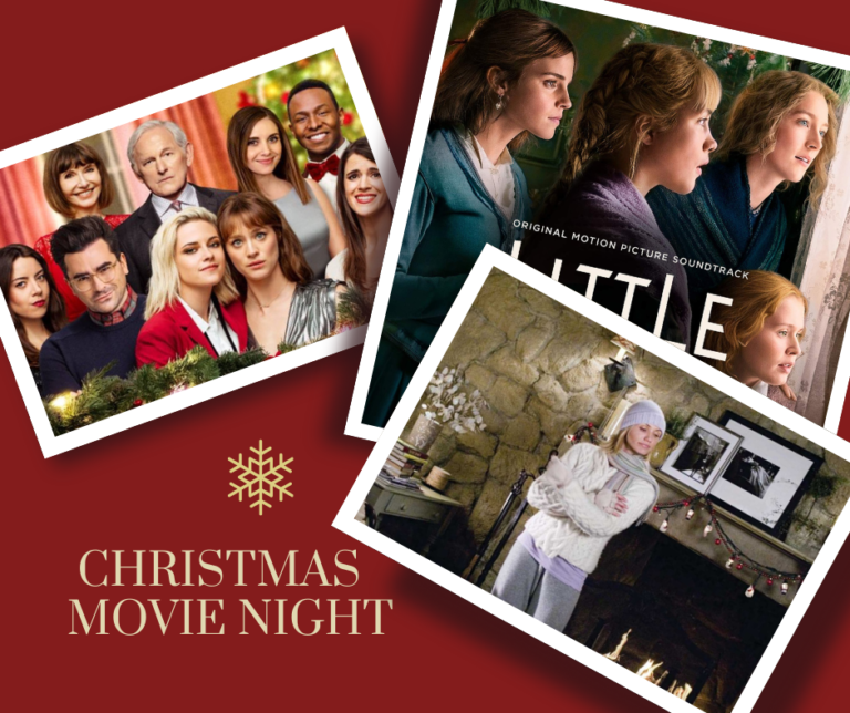 Collage of Christmas movie scenes and posters featuring a festive family gathering, perfect for a Christmas movie night.